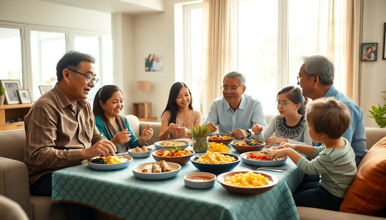 Mexican family gathered around a table sharing traditional food.