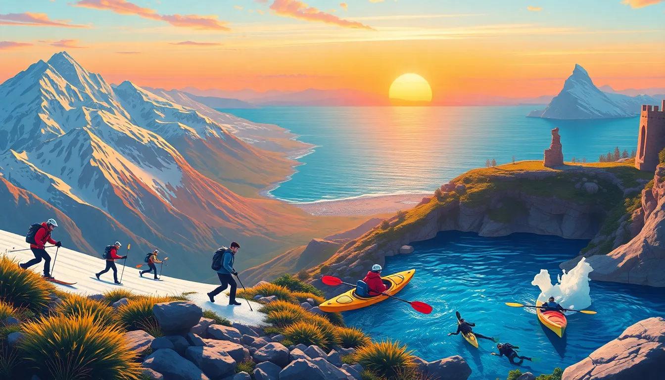 adventurers enjoying activities in various European landscapes.