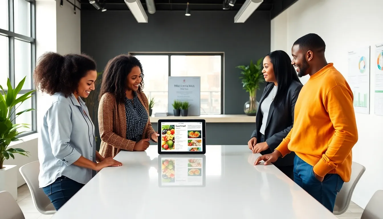 diverse professionals discussing wellness strategies at a modern conference table.