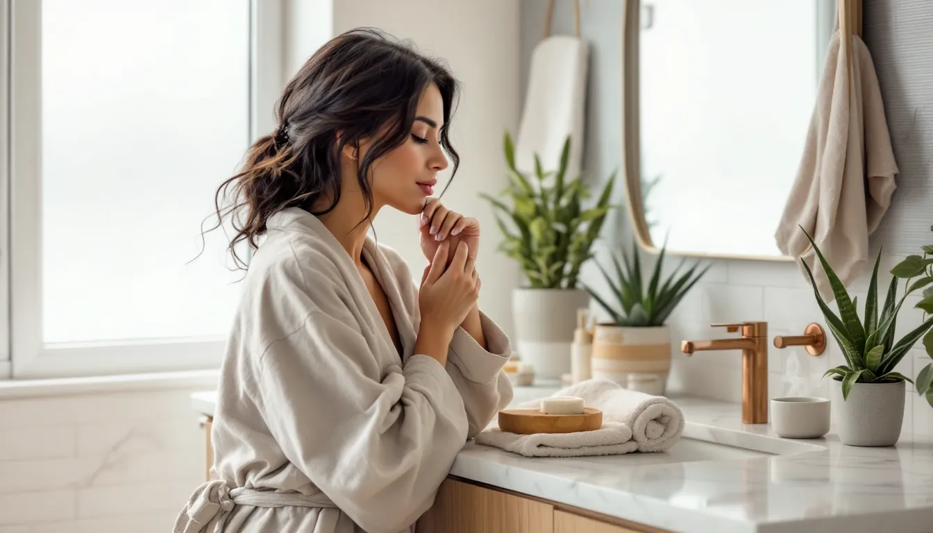 Woman examining her tongue in a bathroom mirror during a morning wellness routine.