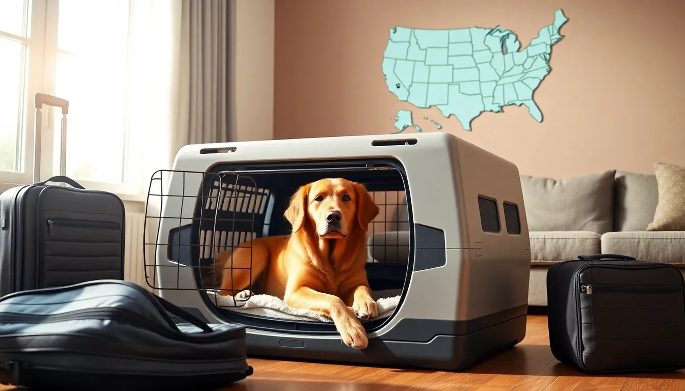 large dog relaxing in a stylish travel crate in a cozy living room.