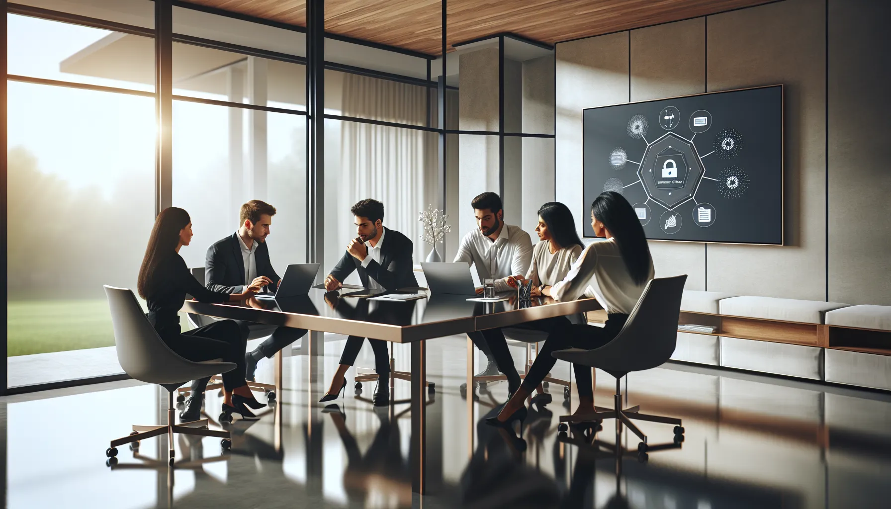 diverse team collaborating in a modern office around Anwire .Org logo.