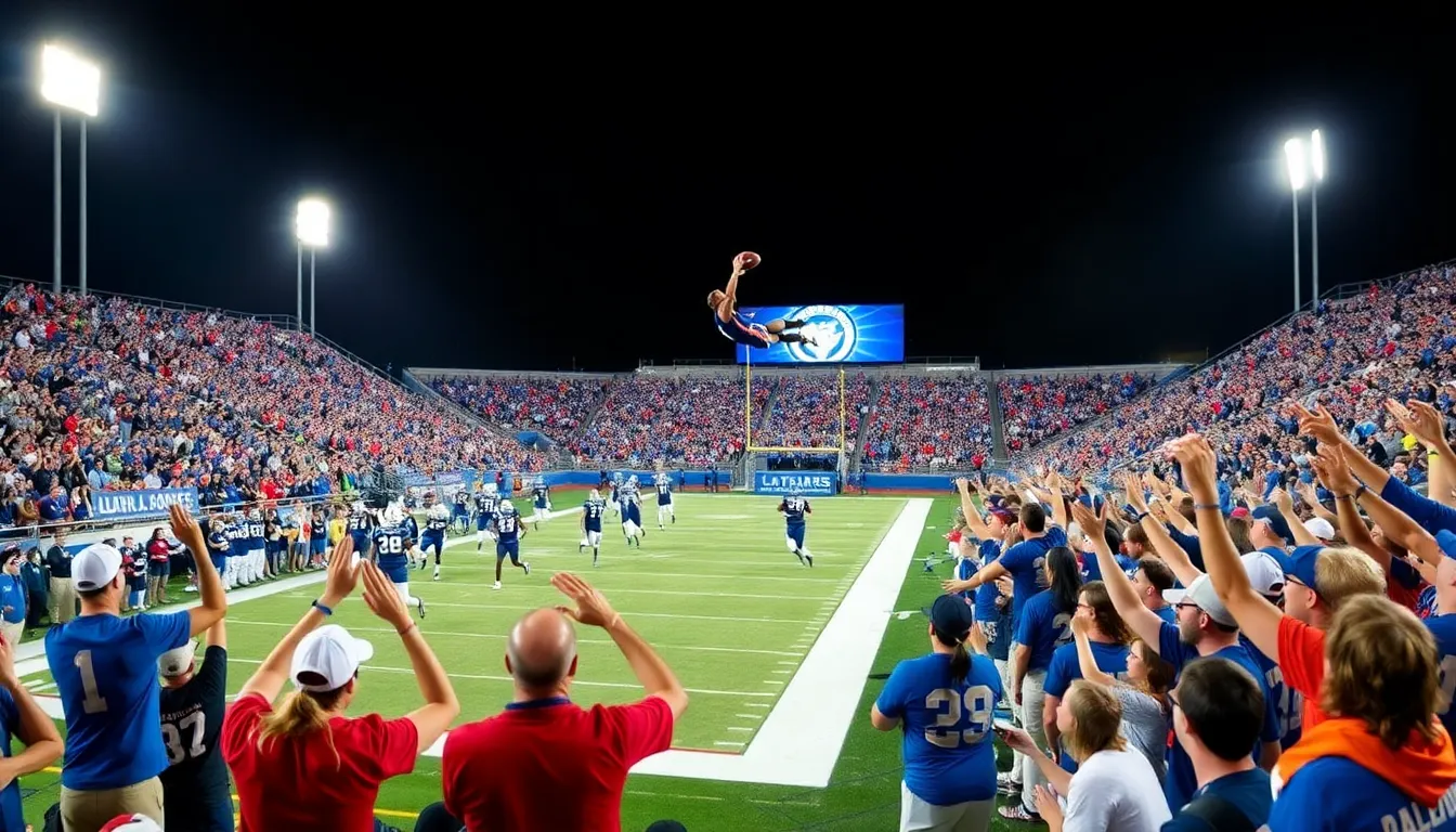 fans cheering at a college football game with players in action.