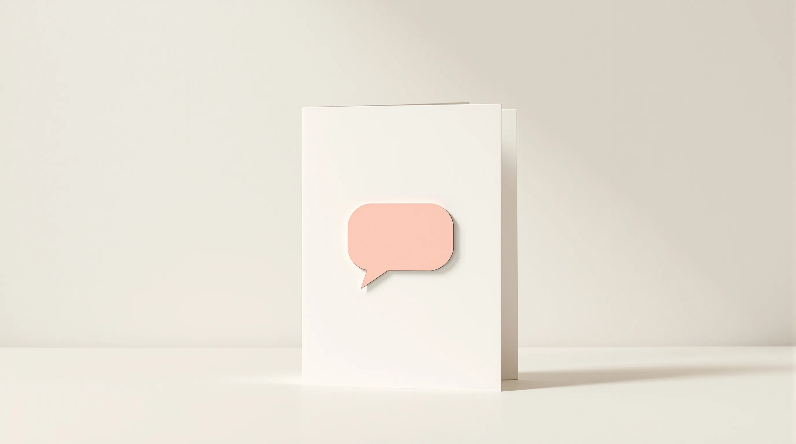 A minimalist greeting card with a single speech bubble icon on neutral background.