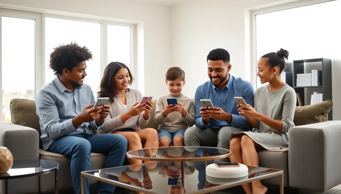 family discussing parental controls on iPhones in a modern living room.