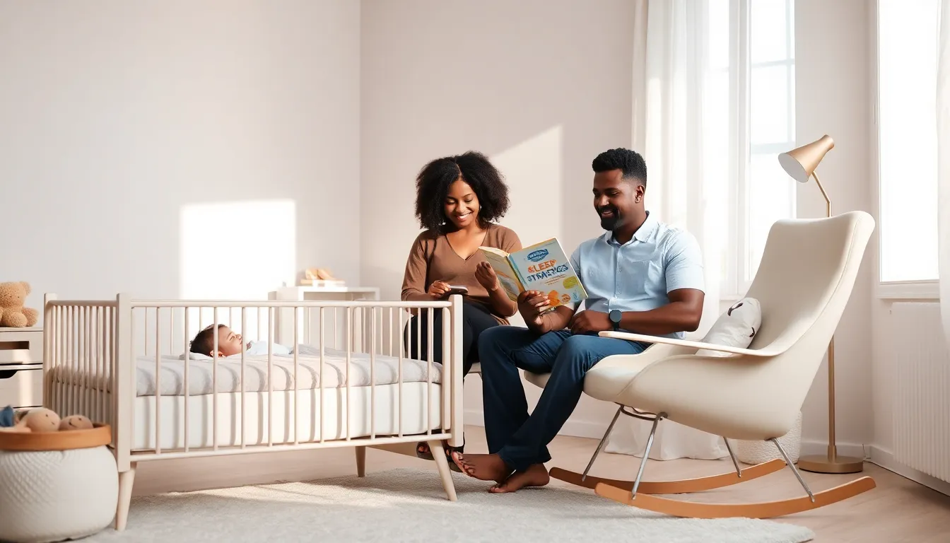 parents reading about sleep regression in a modern nursery.