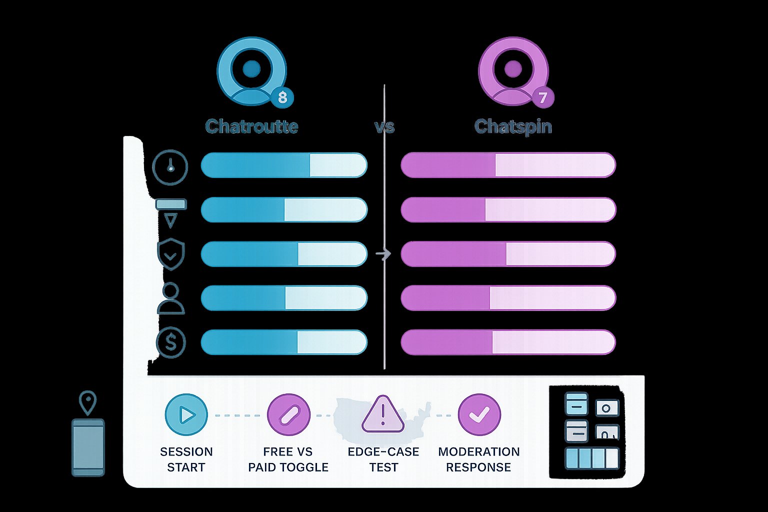 Side-by-side infographic comparing six evaluation criteria for two video chat apps.