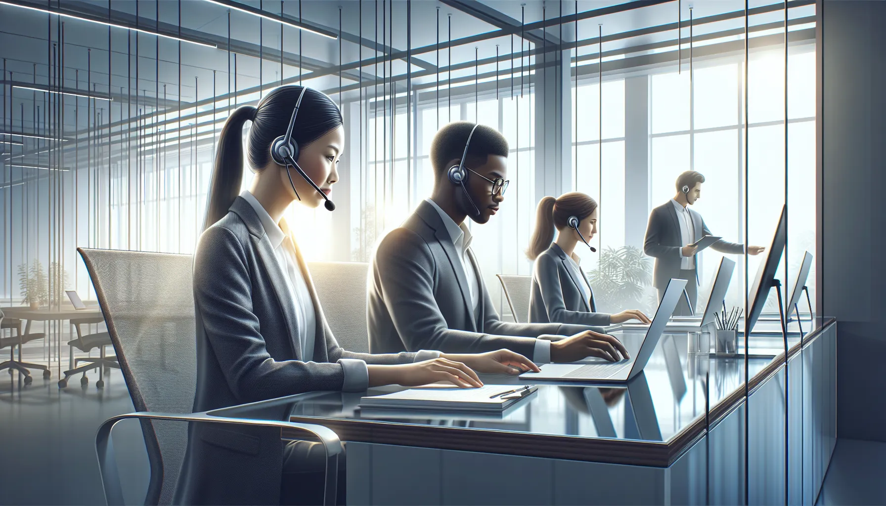 diverse customer service team in a modern office setting.