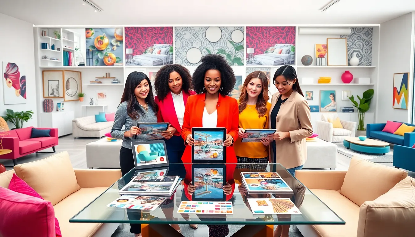 diverse team of designers collaborating in a colorful interior design studio.