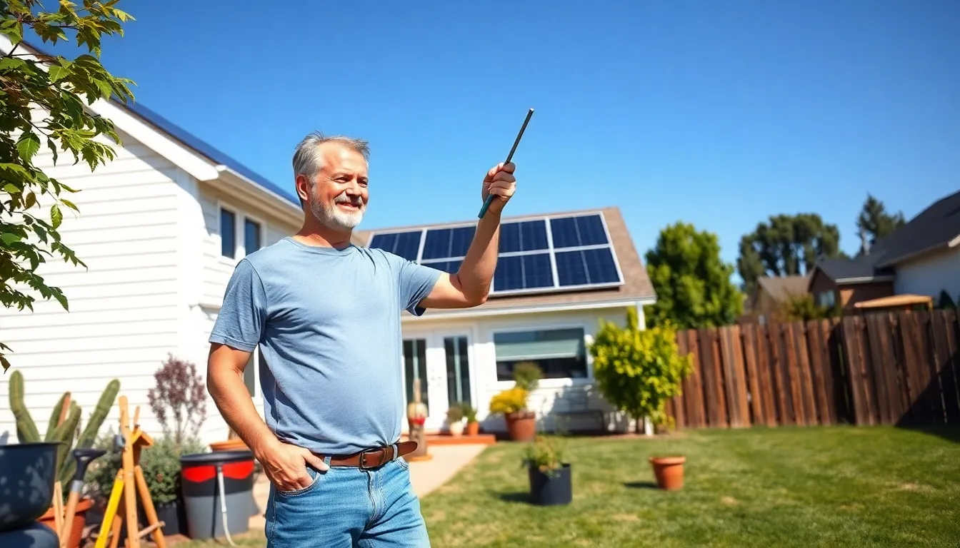 A man adjusts solar panels on a suburban home in sunny weather.