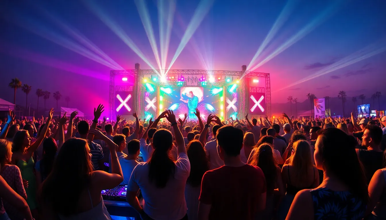 crowd dancing at a vibrant music festival.