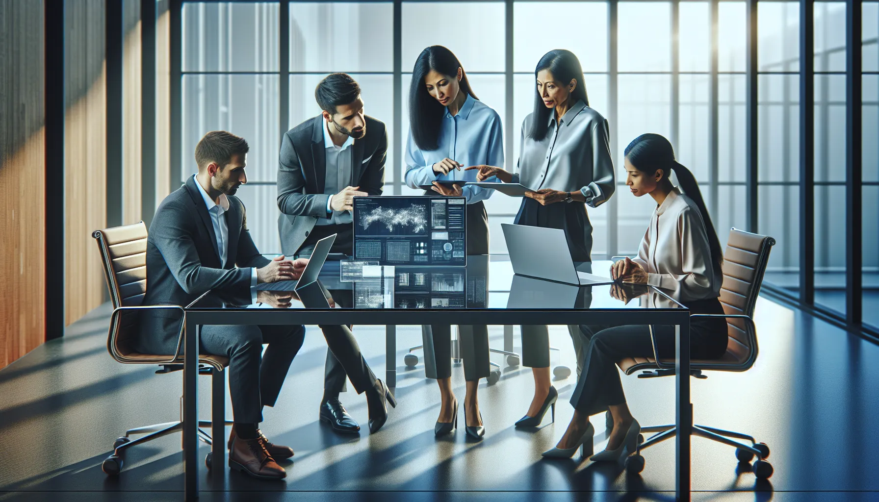 diverse team collaborating on technology in a modern office.