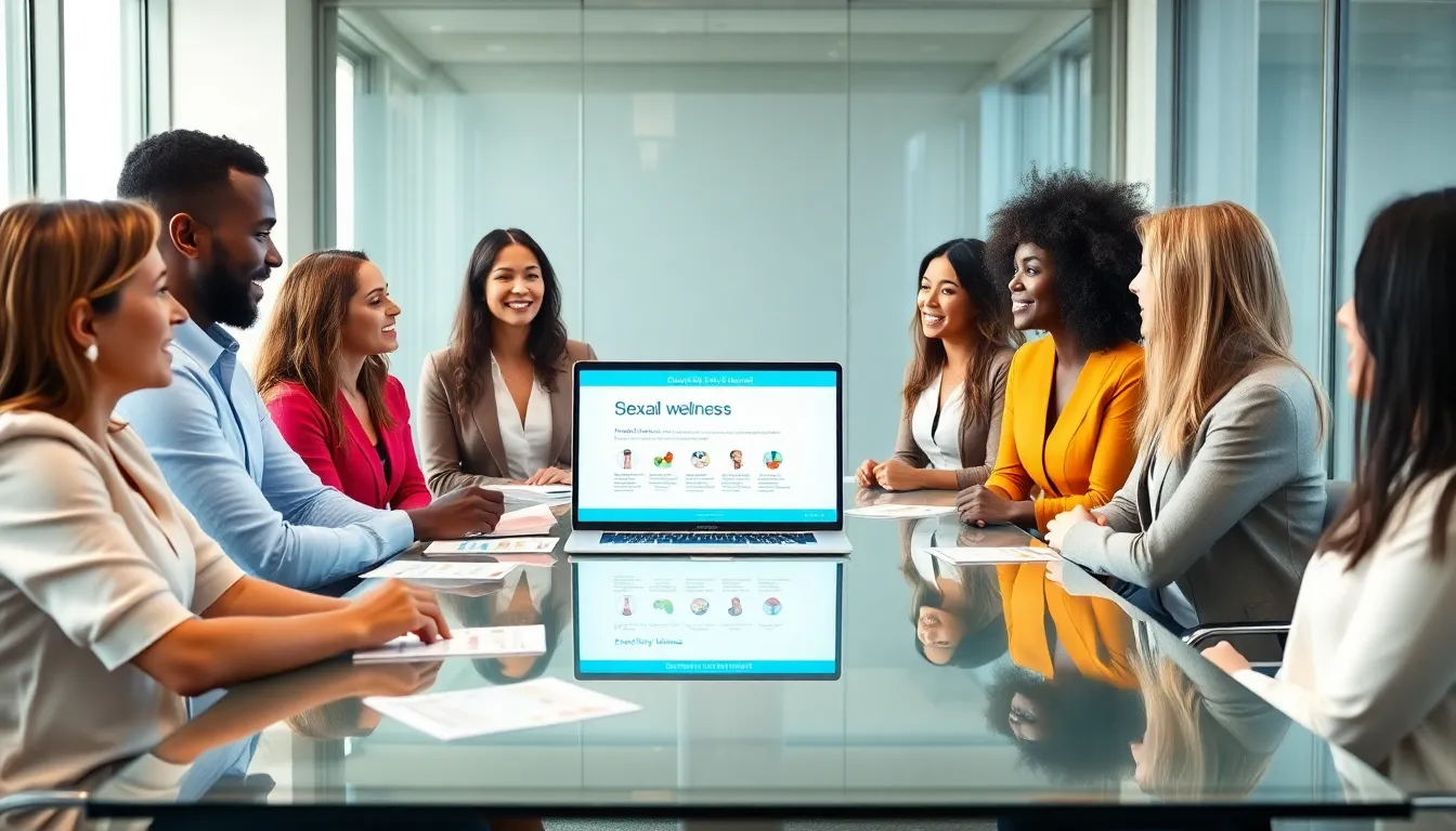 diverse team discussing sexual wellness in a modern office setting.