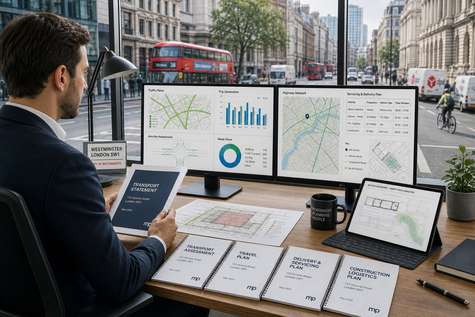 Traffic engineer reviewing Westminster transport planning reports in a modern office.