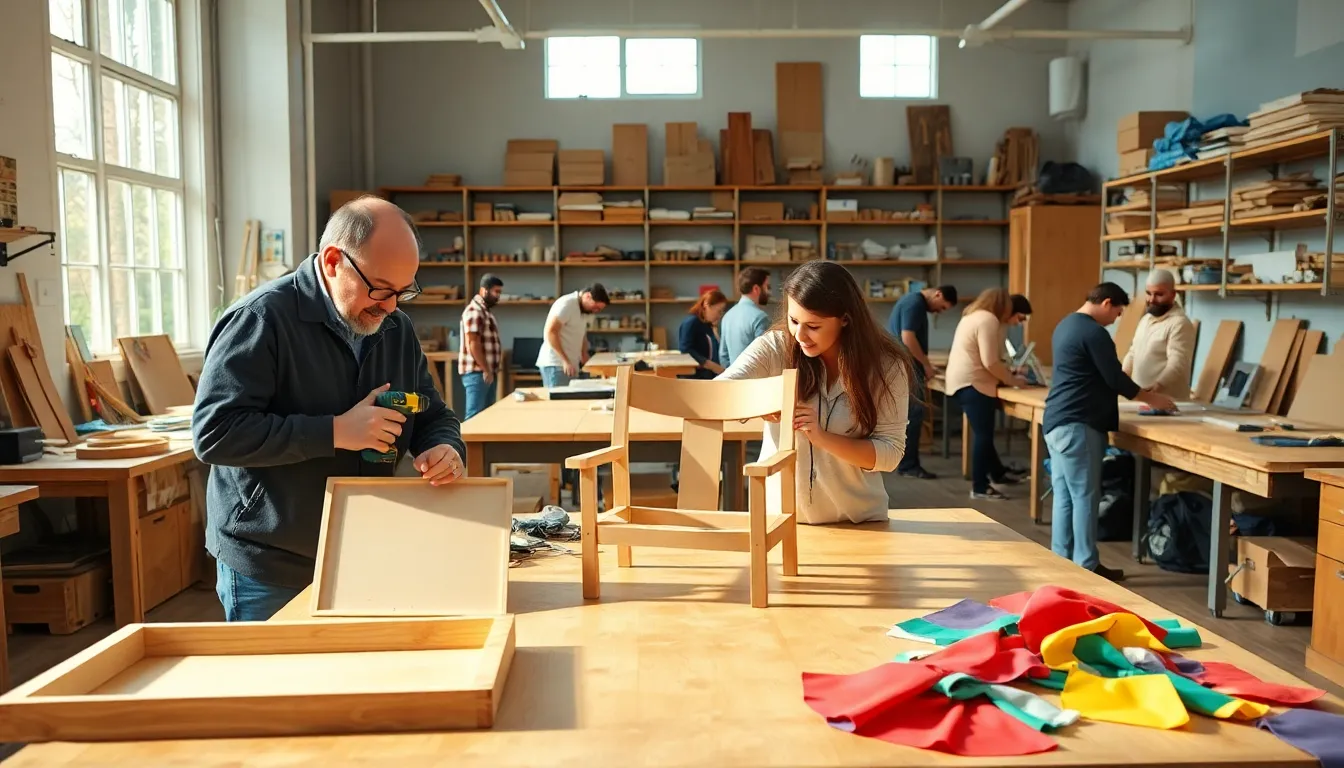 diverse team working on various craft projects in a workshop.