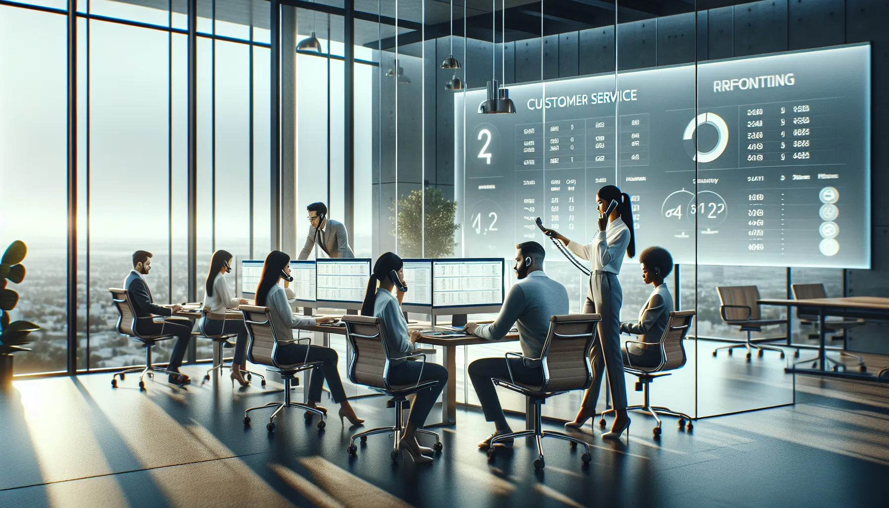 diverse customer service team in a modern office setting.