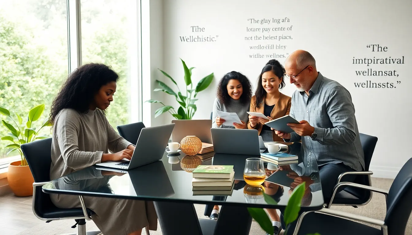 diverse team collaborating on wellness blogging in a serene office.