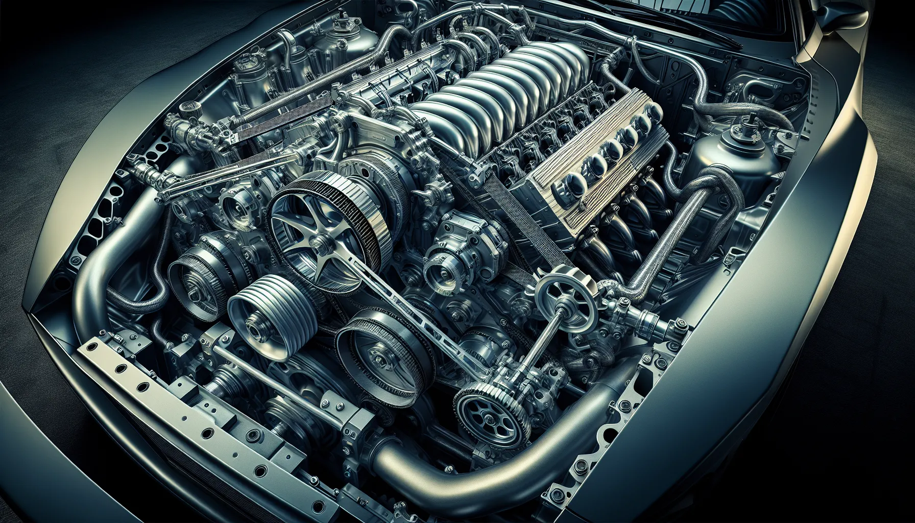 A car engine with a supercharger installed in a detailed view.