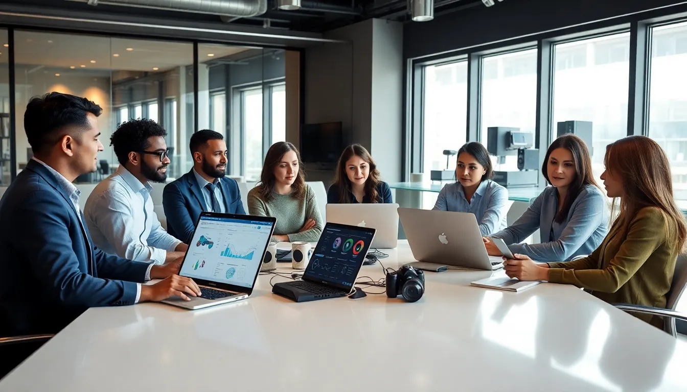 diverse team collaborating in a modern office on consumer electronics.