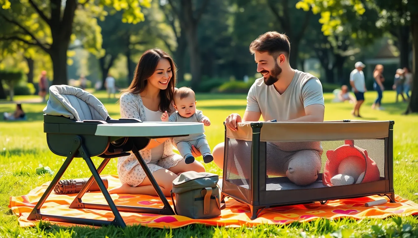 family enjoying outdoor time with baby gear in a park.