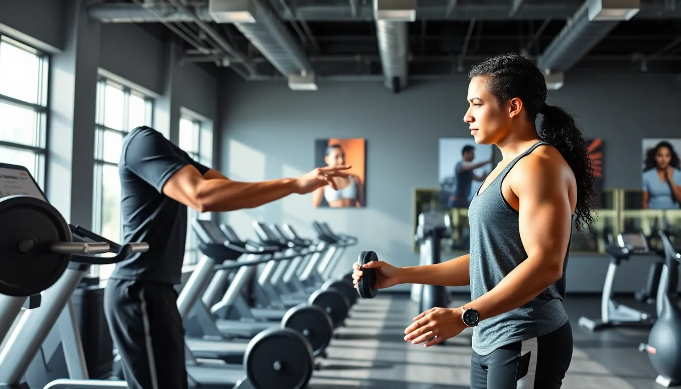 personal trainer and client working out in a modern gym.