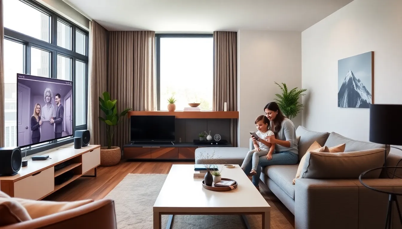 diverse family interacting with smart home devices in a modern living room.