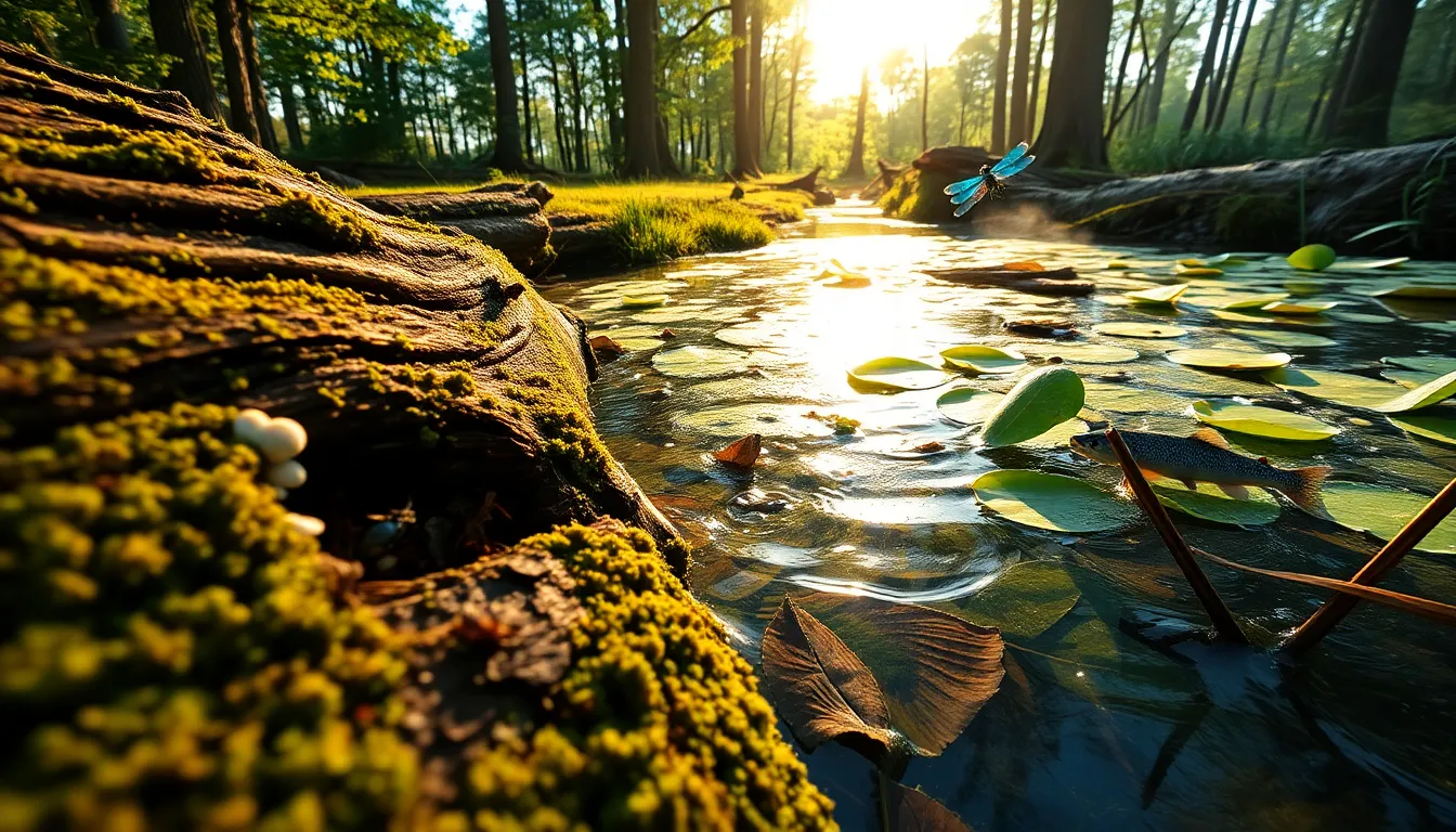 Mossy rotting log by a sunlit forest pond with algae, fish, and dragonfly.