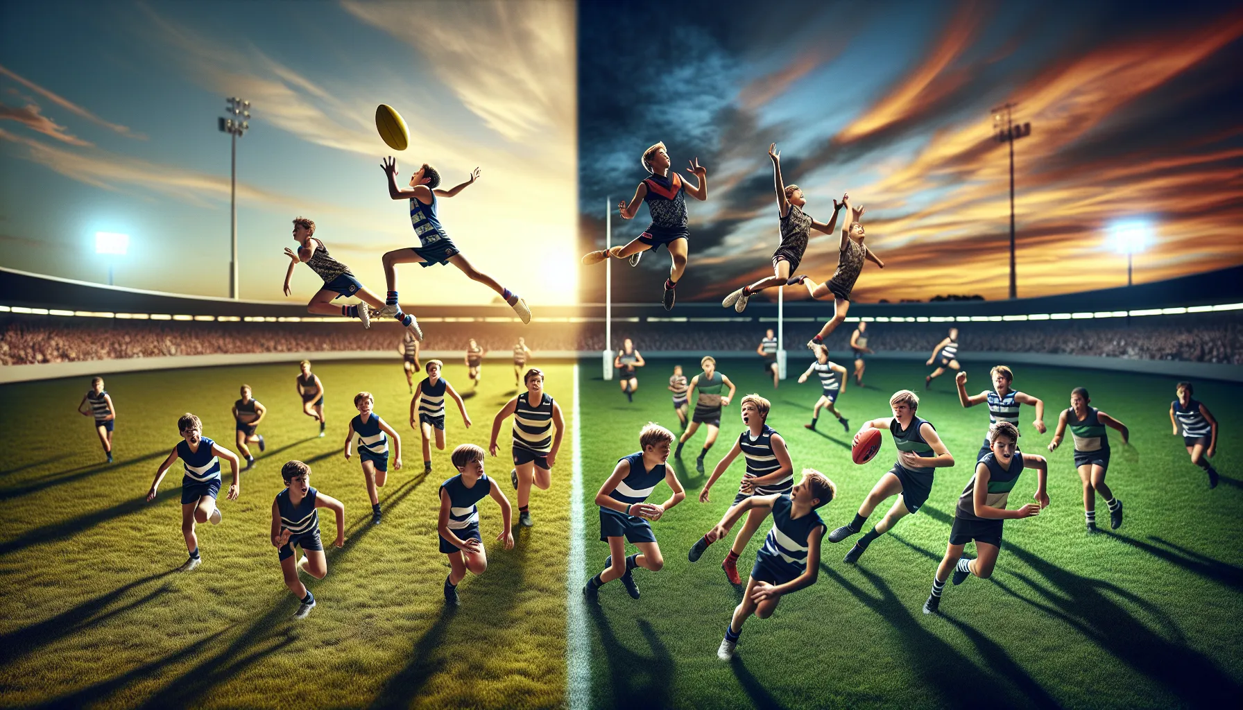 Two sports teams playing Australian football and rugby in professional stadiums.