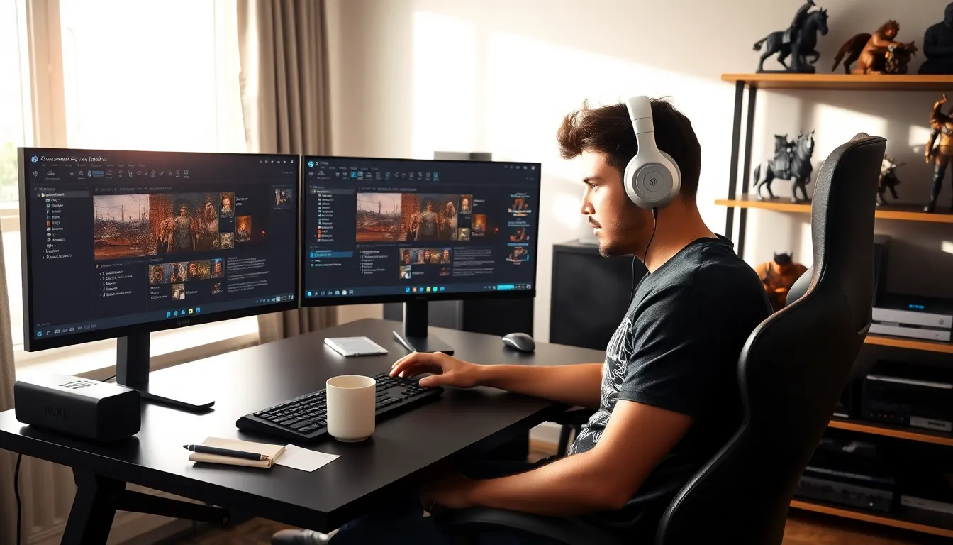 a young man creating game scenarios in a modern home office.