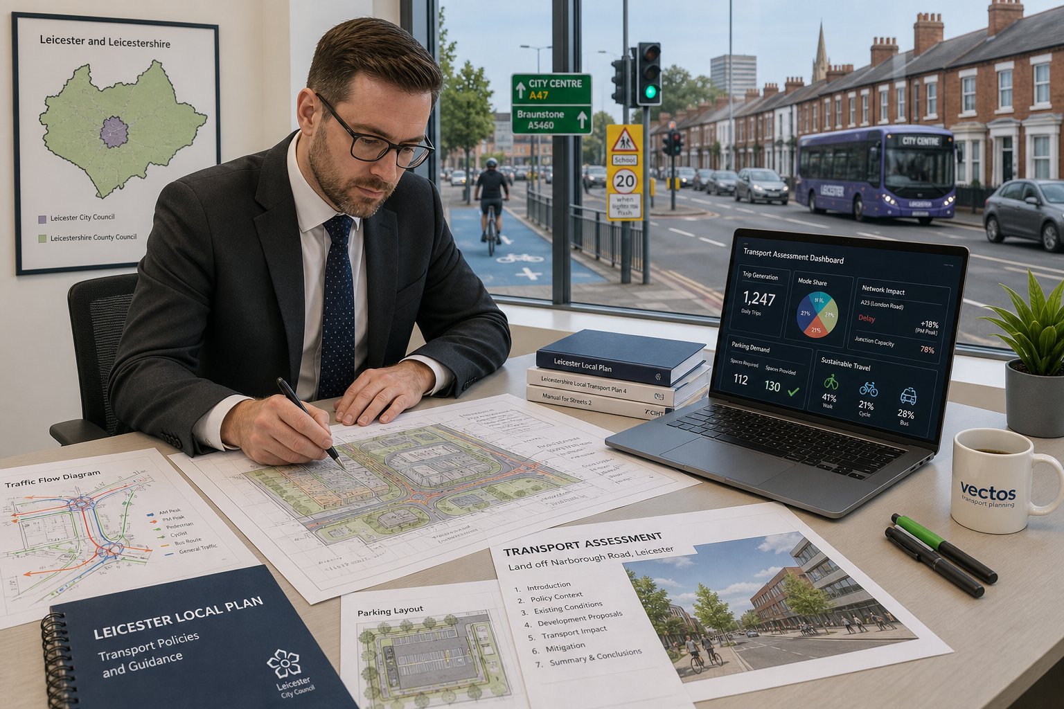 Traffic engineer reviewing Leicester transport plans in a modern office.