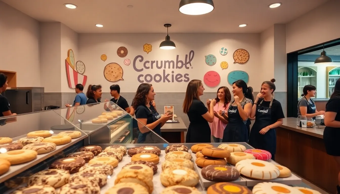 customers enjoying gourmet cookies in a Crumbl Cookies store.