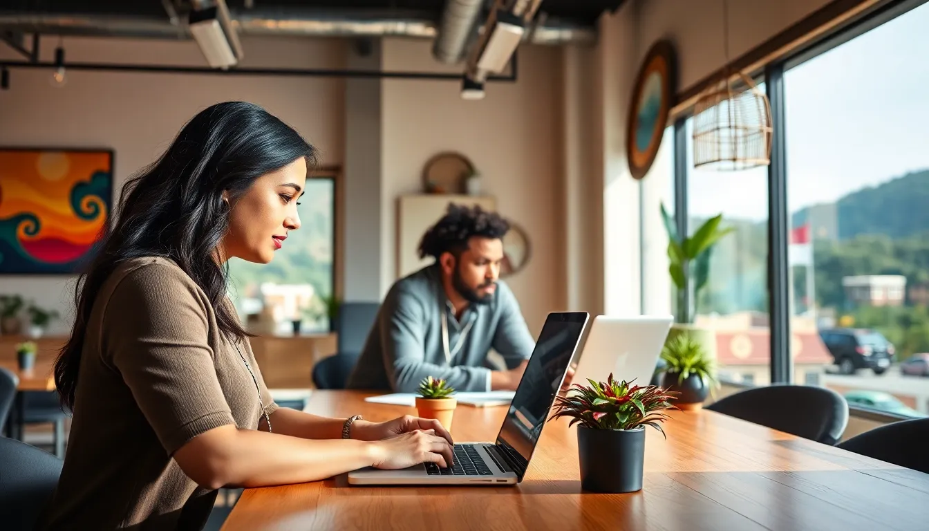 diverse professionals working in a modern co-working space in Colombia.