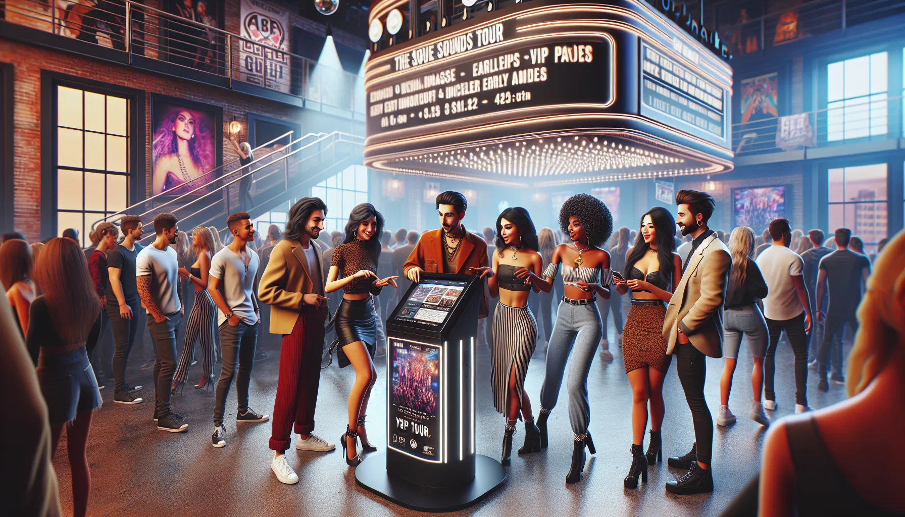 diverse crowd engaging around a digital ticket kiosk for The Sounds Tour.