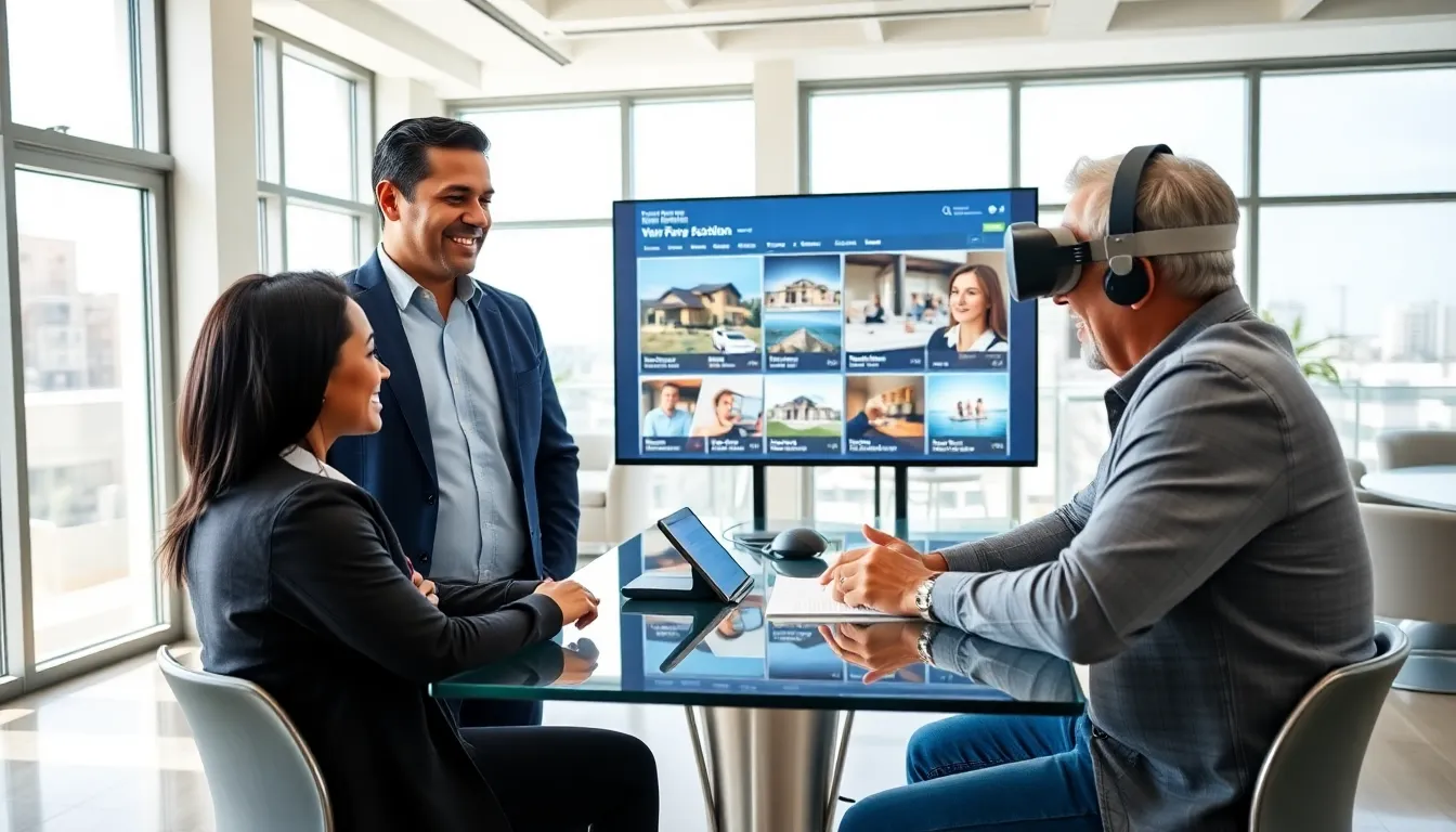 a real estate agent showing digital property listings to clients in a modern office.