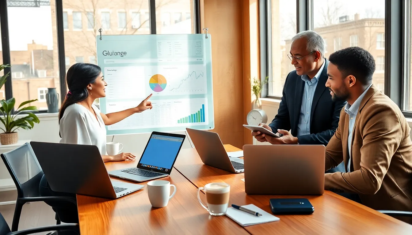 professionals discussing personal finance using Google Sheets in a modern office.