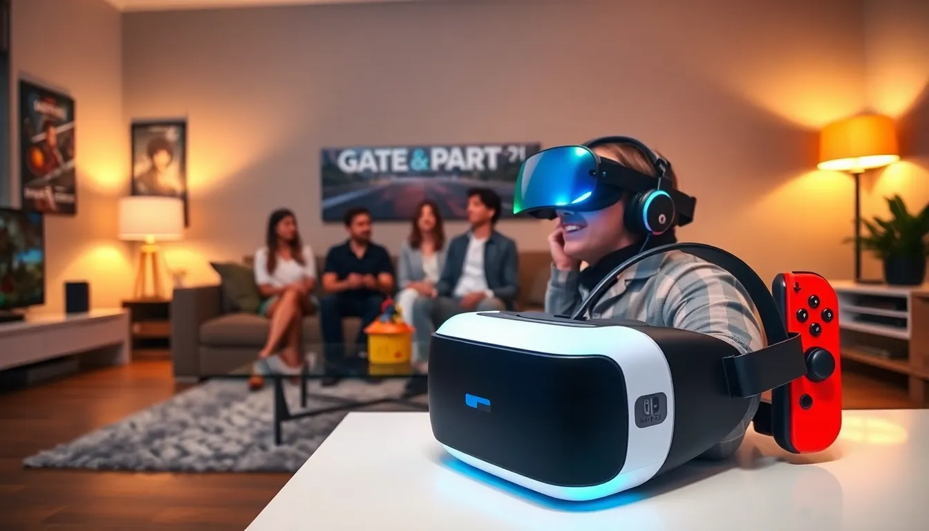group enjoying a Switch VR headset in a modern living room.