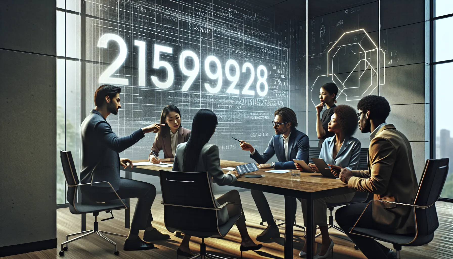 diverse professionals discussing the significance of a unique number in a modern office.