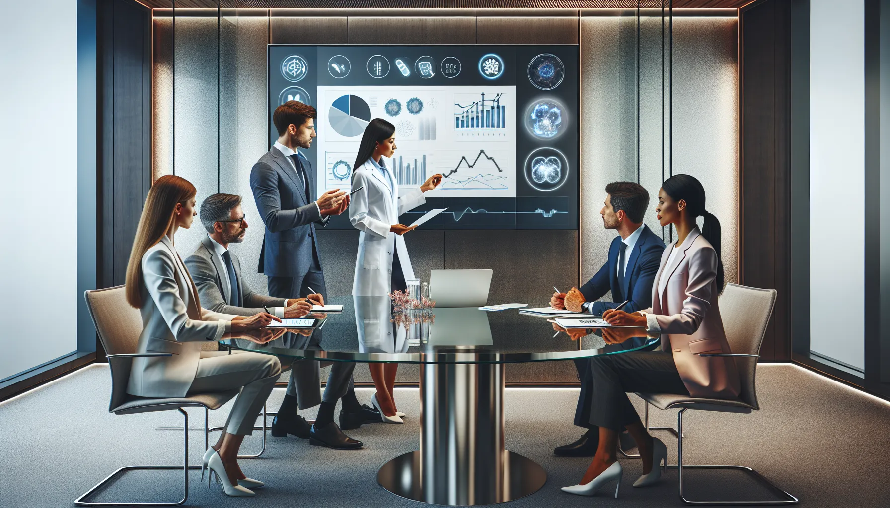 diverse team discussing pharmaceutical innovations in a modern office.