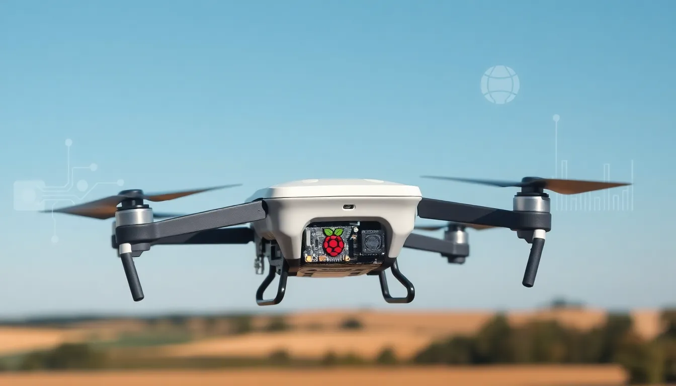 drone showcasing Raspberry Pi Zero technology against a clear sky.