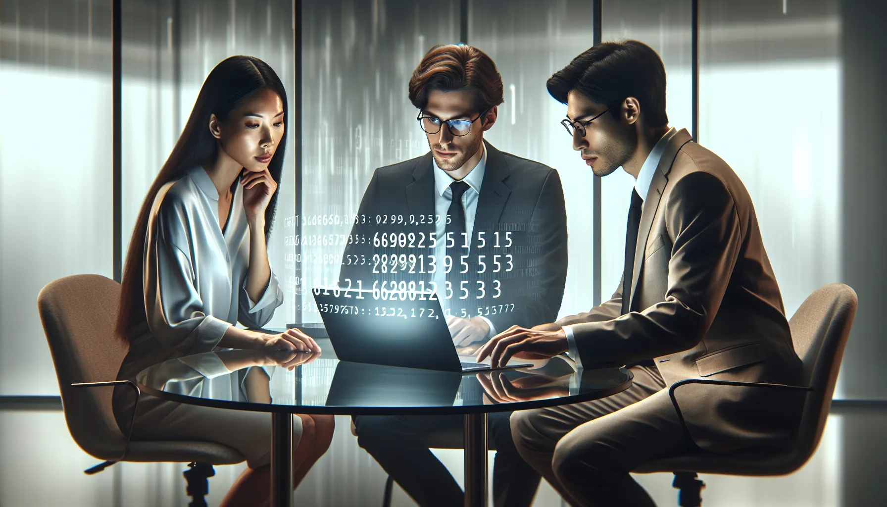 diverse professionals discussing data in a modern office.