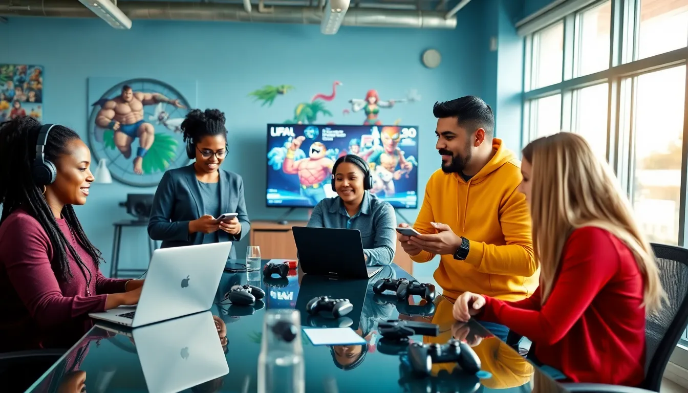 diverse group of gamers collaborating in a modern workspace.