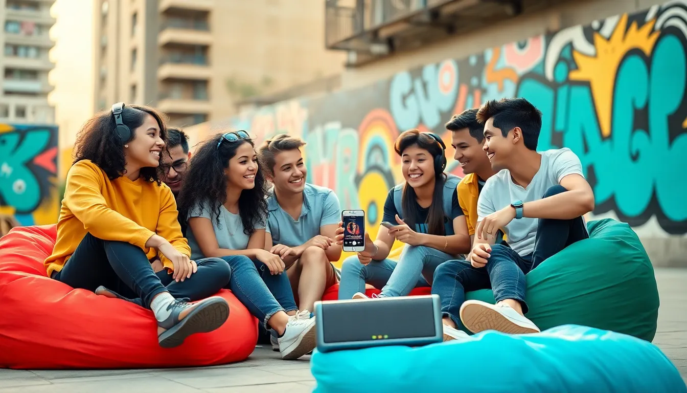 diverse group of young people enjoying music outdoors.