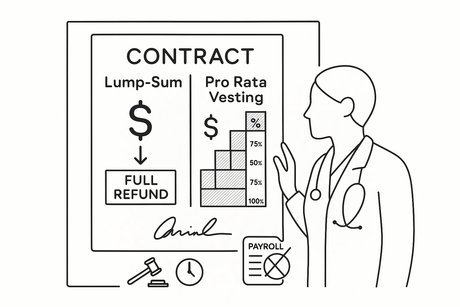 A signed contract split showing lump‑sum vs pro rata vesting with vet silhouette.