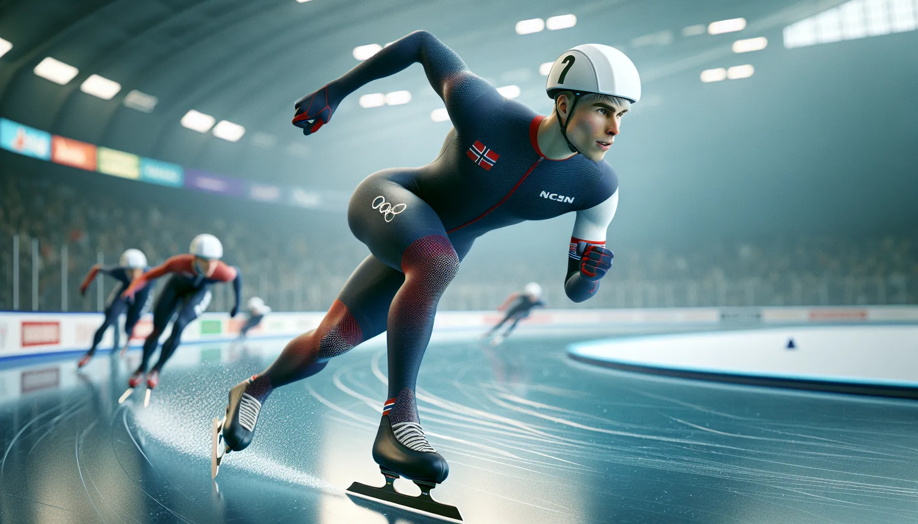 Norwegian short track skater leaning low in a tight indoor curve with coach nearby.