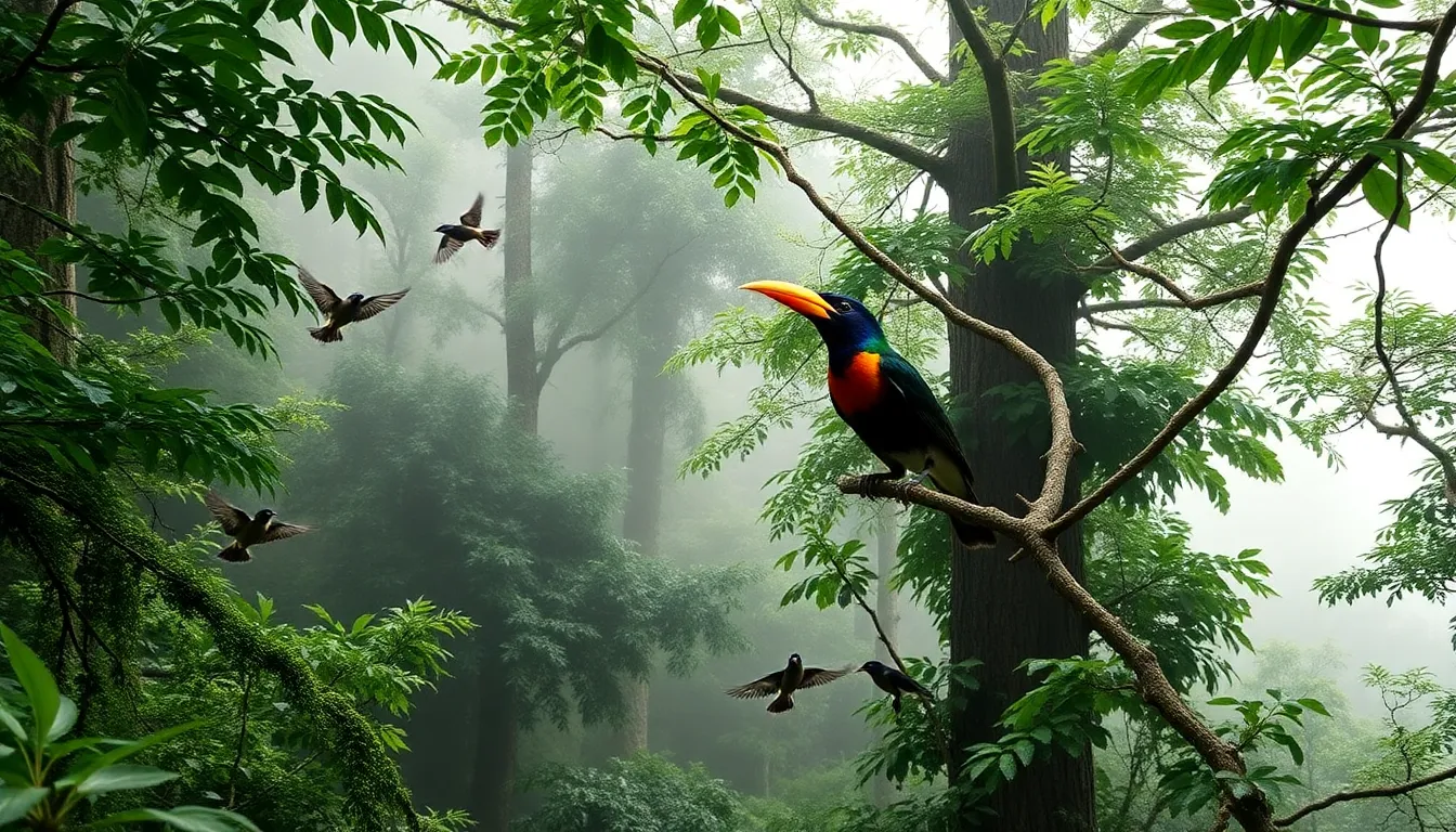 A Sharpbeak bird perched in a misty cloud forest.