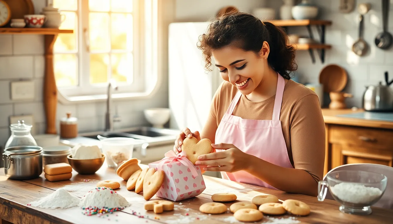 A woman placing heart-shaped cookies into a gift box in a cozy kitchen.