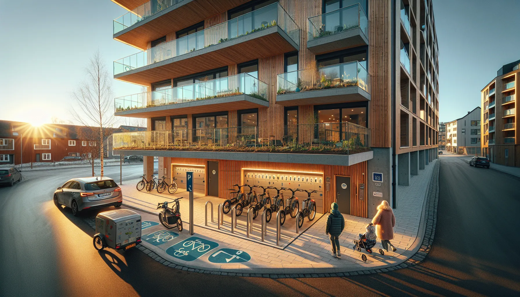 Modern norwegian small-town apartments with young residents, bikes, transit, and amenities.