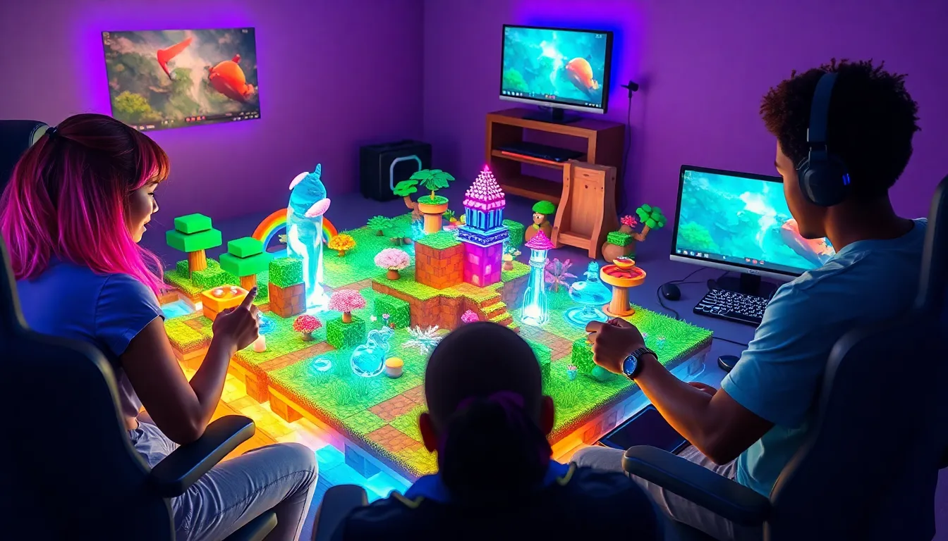 diverse gamers exploring a vibrant Minecraft Redwebzine Java landscape.