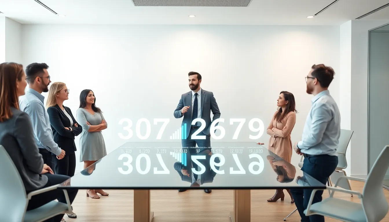 professionals discussing the significance of numbers in a modern office.