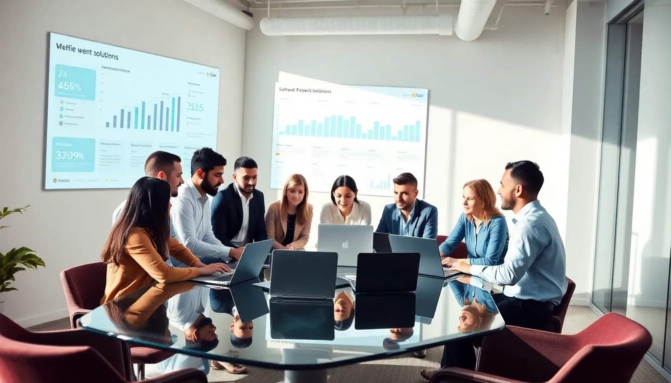 diverse team discussing software solutions in a modern office.